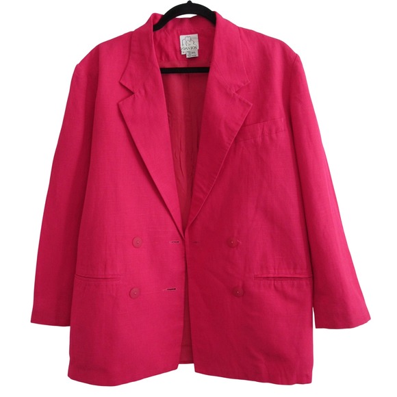 Vintage Gantos Blazer Jacket Womens 4 Hot Pink Linen Blend Double Breasted 90's - Picture 2 of 5